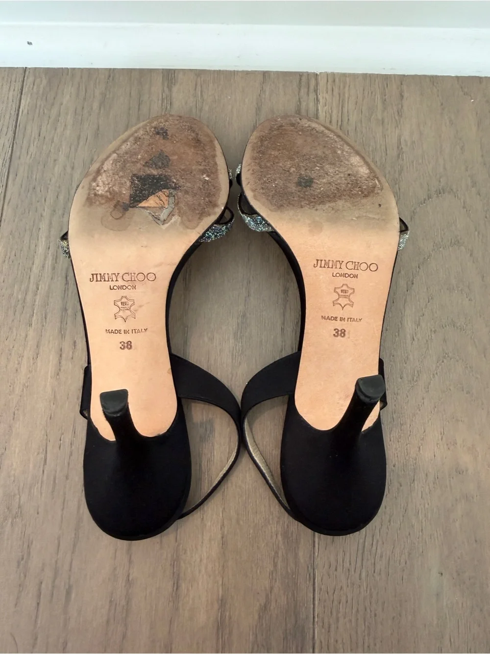 Jimmy Choo India Black Satin Heeled Sandals with Sparkle Straps